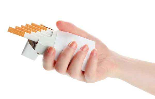 Woman hand with box of cigarettes, isolated on a white — Stock Photo, Image