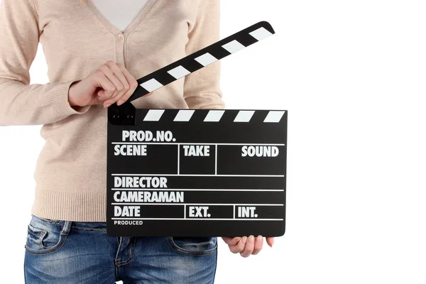 Movie production clapper board in hands isolated on white — Stock Photo, Image