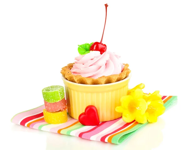 Cake with cherry in bowl for baking isolated on white — Stock Photo, Image