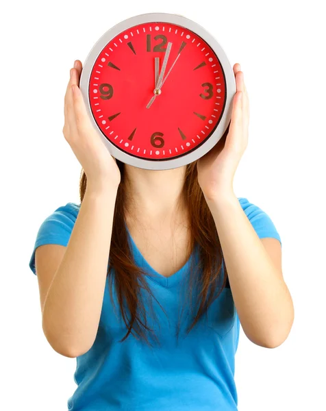 Ragazza che tiene orologio sul viso isolato su bianco — Foto Stock