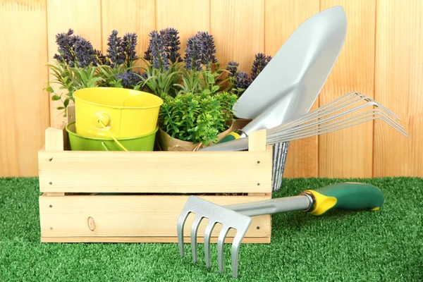 Garden tools on grass in yard — Stock Photo, Image