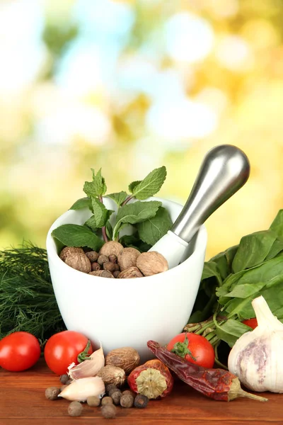 Composição de argamassa, especiarias, tomates e ervas verdes, sobre fundo brilhante — Fotografia de Stock
