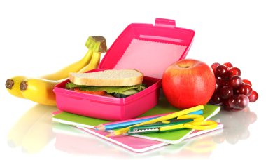 Lunch box with sandwich,fruit and stationery isolated on white clipart