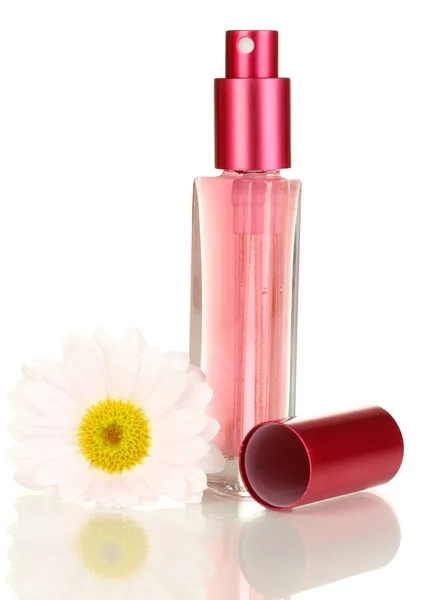 Vrouw perfume in mooie fles met bloem geïsoleerd op wit — Stockfoto