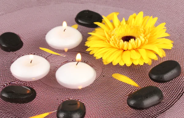 Pietre termali con fiore e candele in acqua sul piatto — Foto Stock