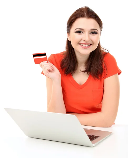 Beautiful young woman with laptop isolated on white — Stock Photo, Image