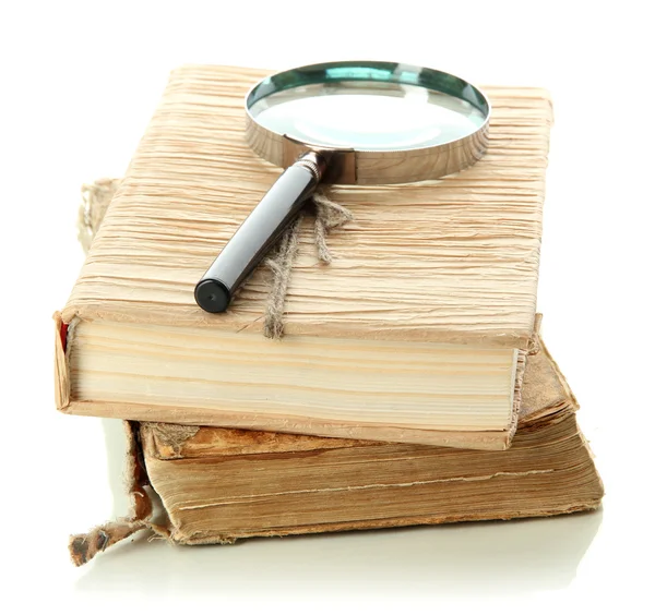 Magnifying glass and book isolated on white — Stock Photo, Image