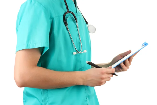 Mano del doctor con la escritura de la pluma en blanco de la prescripción, aislado en blanco —  Fotos de Stock