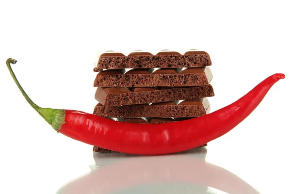 Dark chocolate with chili pepper, isolated on white — Stock Photo, Image
