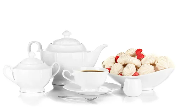 Beautiful white dinner service with an air meringues isolated on white — Stock Photo, Image