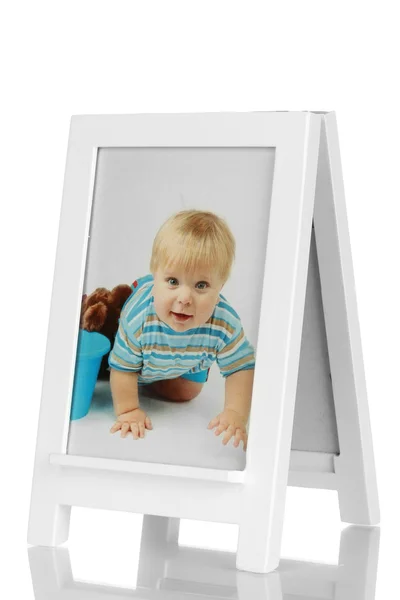 Wit fotoframe als ezel geïsoleerd op wit — Stockfoto