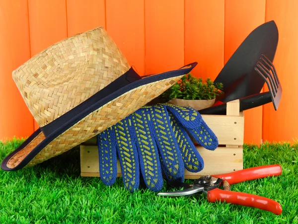 Garden tools on grass in yard — Stock Photo, Image