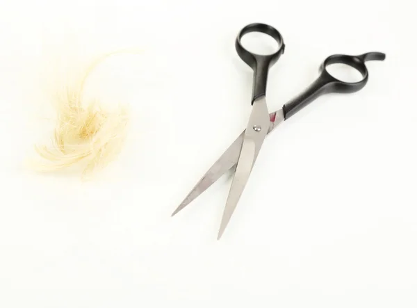 Pedaços de cabelo cortados com tesoura isolada em branco — Fotografia de Stock