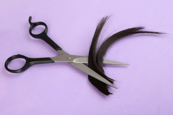 Pedaços de cabelo cortados com tesoura em fundo roxo — Fotografia de Stock