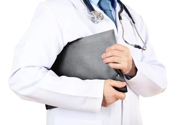 Medical doctor with stethoscope and clipboard isolated on white — Stock Photo, Image