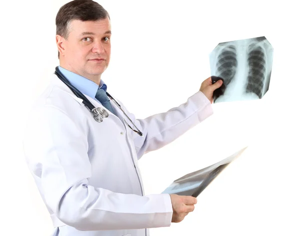 Medical doctor analysing x-ray image isolated on white — Stock Photo, Image