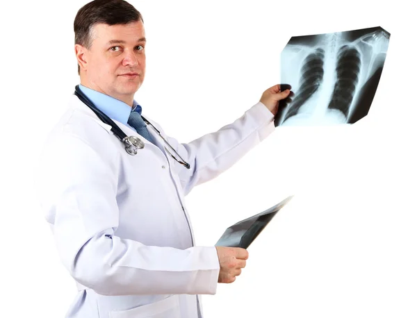 Medical doctor analysing x-ray image isolated on white — Stock Photo, Image