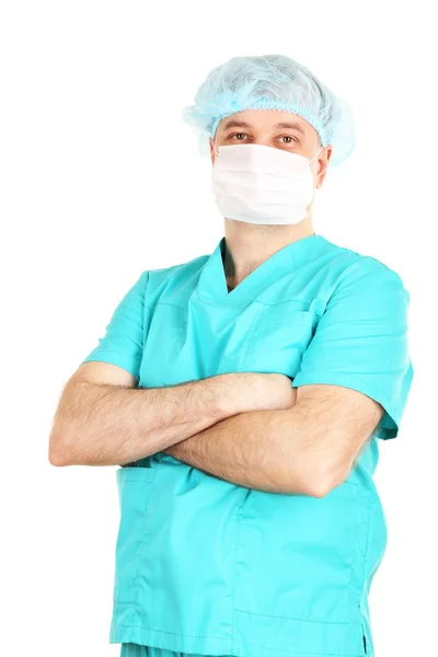 Beyaz izole maskeyle tıp doktoru — Stok fotoğraf