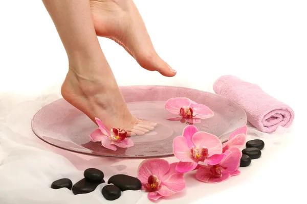 Female feet in spa bowl with water, isolated on white — Stock Photo, Image