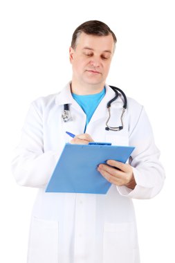 tıbbi doktor stetoskop ve üzerinde beyaz izole Pano