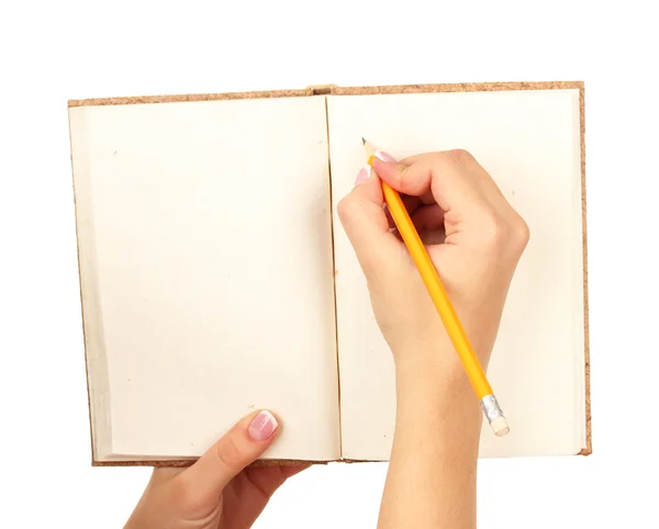 Hand schrijven op notebook, geïsoleerd op wit — Stockfoto