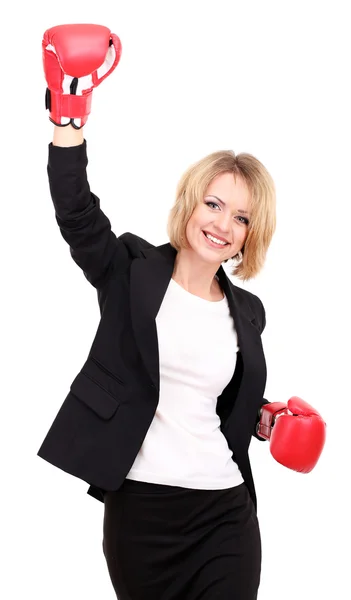 Young beautiful business woman with boxing gloves isolated on white — Stock Photo, Image