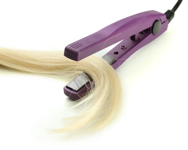 Hair straighteners and hair, isolated on white — Stock Photo, Image