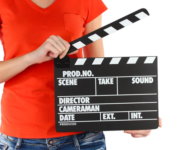 Movie production clapper board in hands isolated on white — Stock Photo, Image