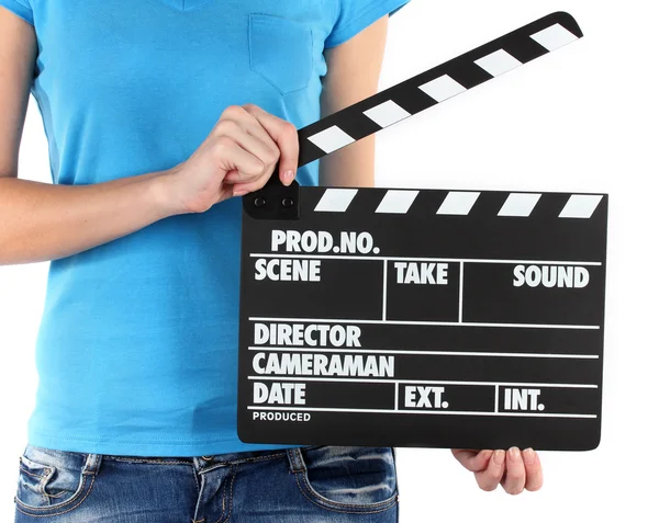 Movie production clapper board in hands isolated on white — Stock Photo, Image