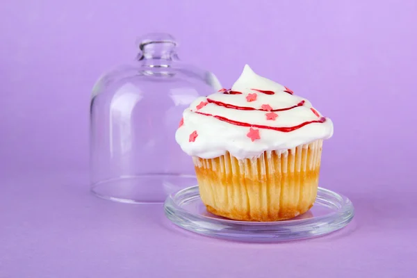 Cupcake on saucer with glass cover, on color background — Stock Photo, Image