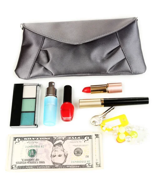 Items contained in the women's handbag isolated on white — Stock Photo, Image