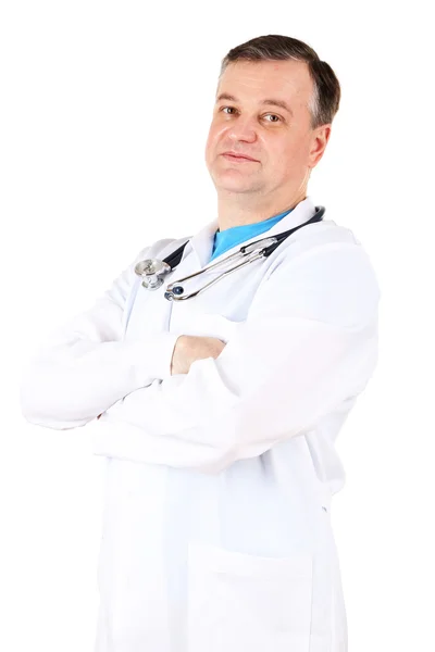 Beyaz izole stetoskop ile tıp doktoru — Stok fotoğraf
