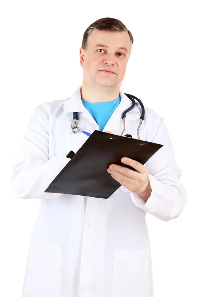 Medical doctor with stethoscope and clipboard isolated on white — Stock Photo, Image