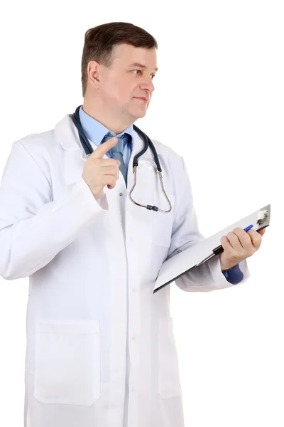 Medical doctor with stethoscope and clipboard isolated on white — Stock Photo, Image