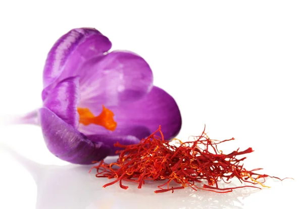 Mooie paarse crocus en saffraan, geïsoleerd op wit — Stockfoto