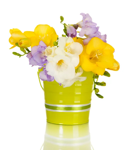 Beautiful bouquet of freesias in pail, isolated on white — Stock Photo, Image