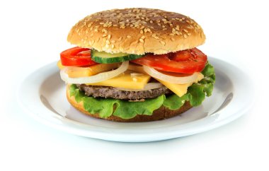 tabakta üzerine beyaz izole lezzetli peynirli burger