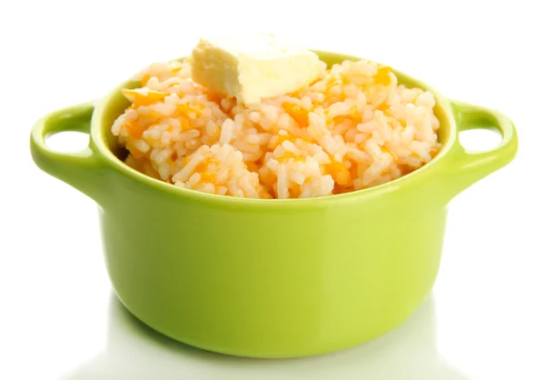 Prove mingau de arroz com abóbora em panela, isolado em branco — Fotografia de Stock