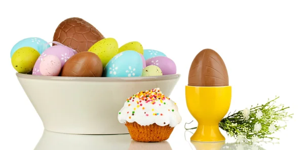 Composition of chocolate eggs and Easter cake isolated on white — Stock Photo, Image
