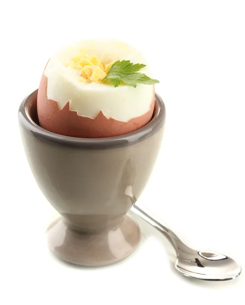 Boiled egg in egg cup, isolated on white — Stock Photo, Image