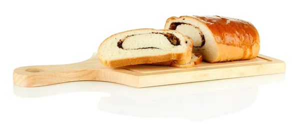 Loaf with poppy seeds on cutting board, isolated on white — Stock Photo, Image