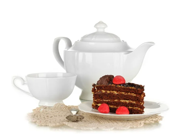 Teapot, cup of tea and delicious cake isolated on white — Stock Photo, Image