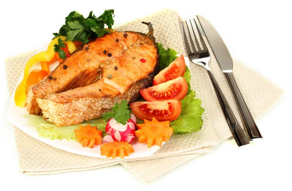 Appetizing grilled salmon with lemon and vegetables isolated on white — Stock Photo, Image