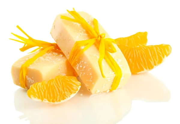 Natural handmade soap and orange, isolated on white — Stock Photo, Image