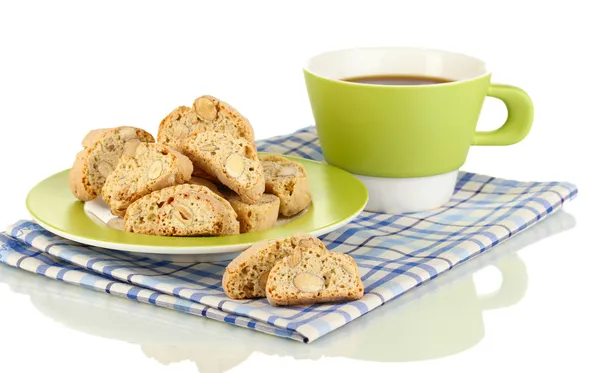 Ароматичне печиво кантуччіні і чашка кави ізольовані на білому — стокове фото