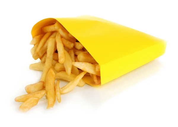 Patates kızartması üzerine beyaz izole kağıt çanta — Stok fotoğraf