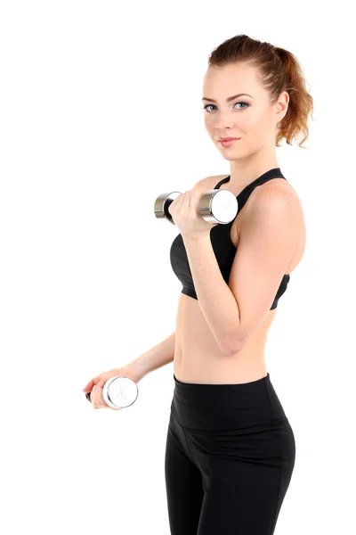 Young woman doing fitness exercises with dumbbell isolated on white — Stock Photo, Image