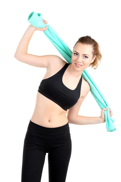 Ung kvinna med handduk efter träningspass isolerad på vit — Stockfoto