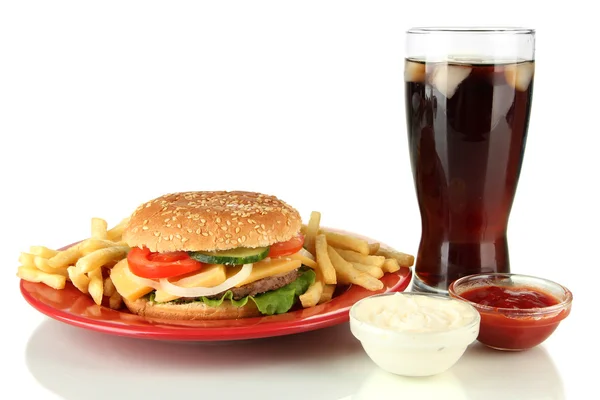 Tasty cheeseburger with fried potatoes and cold drink, isolated on white — Stock Photo, Image