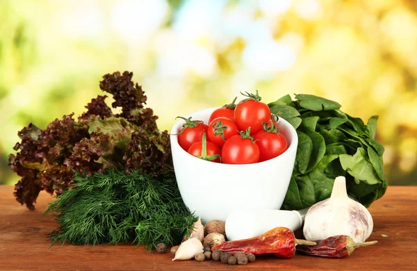 Komposition aus Mörser, Gewürzen, Tomaten und grünen Kräutern, auf hellem Hintergrund — Stockfoto